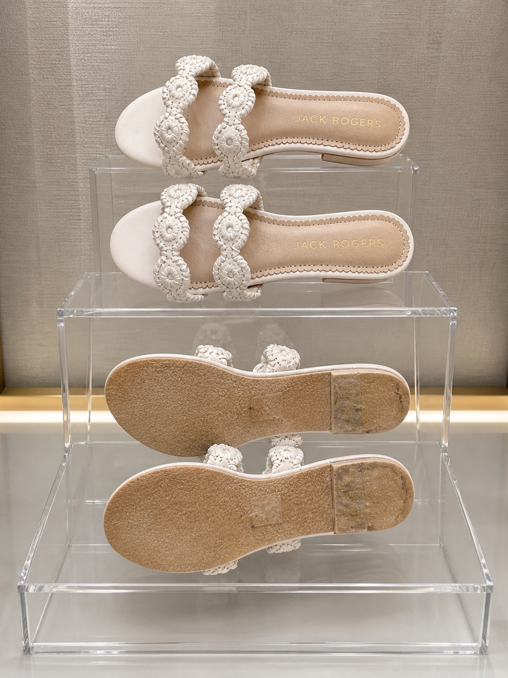 Jack Rogers Navajo Double Strap Slide Sandals Ivory Leather Whipstitched Size 9 - Picture 2 of 8